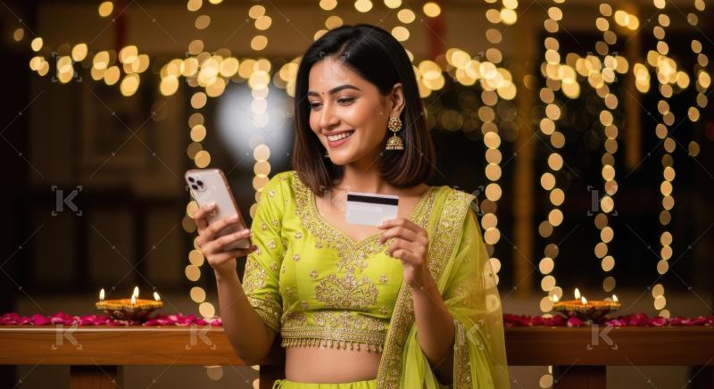 Young indian woman holding credit card and using smartphone on d