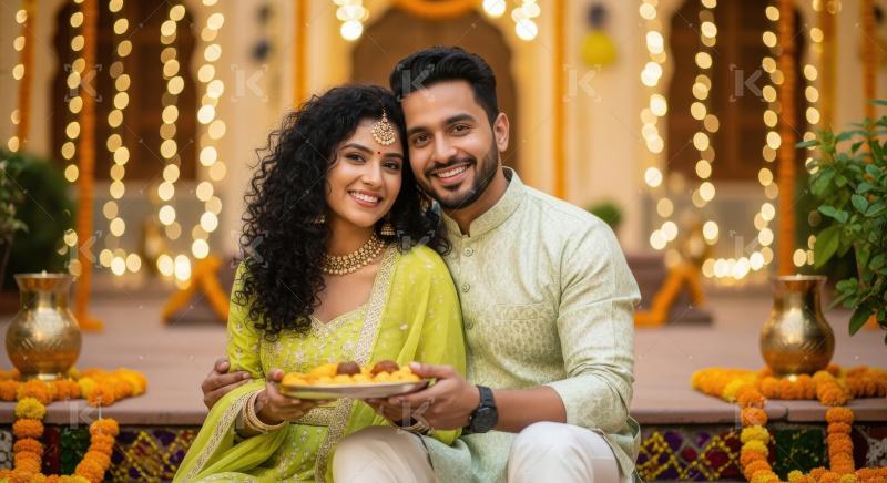 Young indian couple holding sweet plate sitting together on diwa