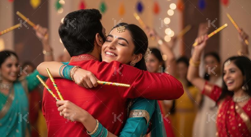 Happy young indian couple playing dandiya together in navratri