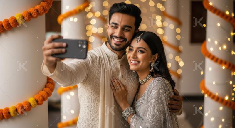 Young indian couple celebrating diwali festival together at home