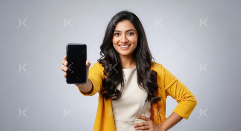 Young indian woman showing smartphone white blank screen standin