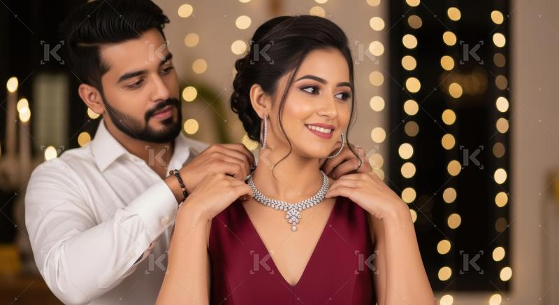 Indian husband putting a beautiful necklace on his wife on diwal