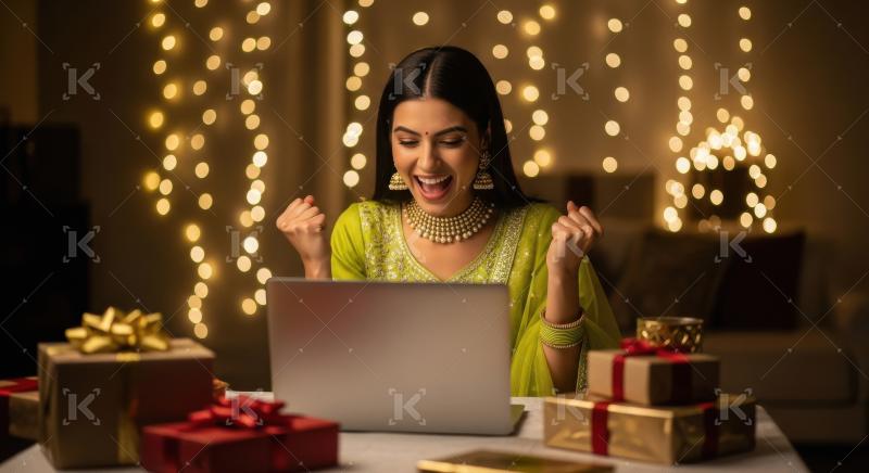 Young indian woman using laptop on diwali festival at home
