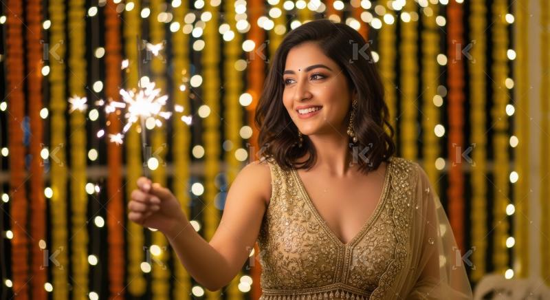 Young indian woman holding sparkler on diwali festival
