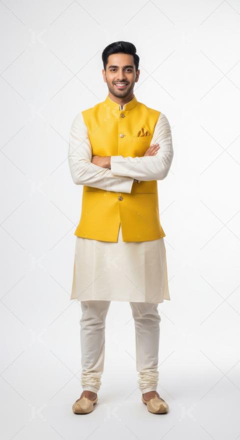 Young indian man wearing traditional kurta standing on white bac