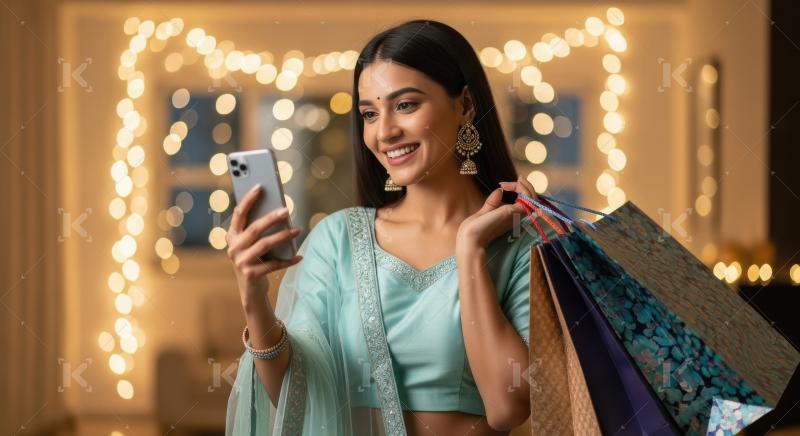Young indian woman holding shopping bags and using smartphone on