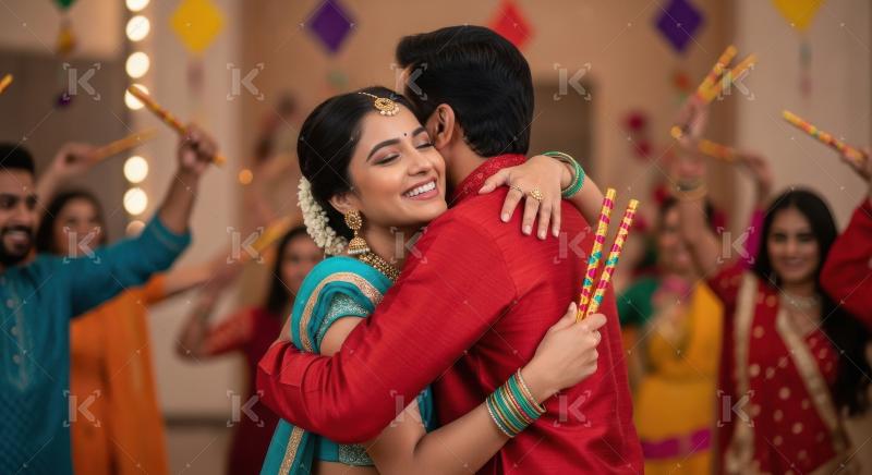 Happy young indian couple playing dandiya together in navratri