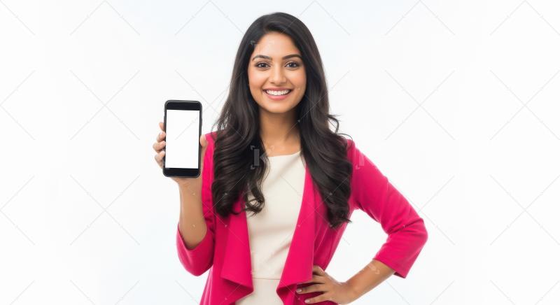 Young indian woman showing smartphone white blank screen standin
