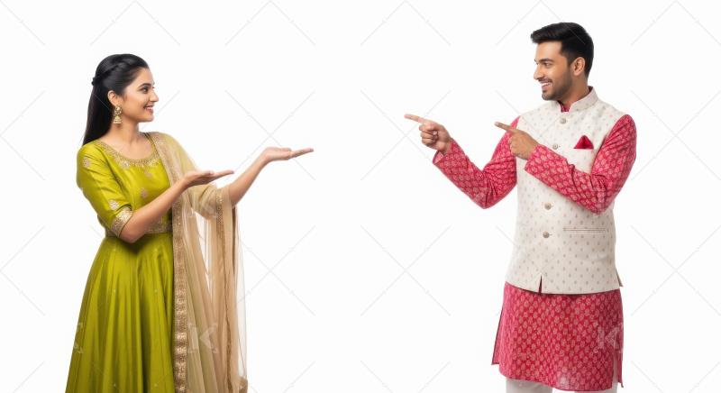 Young indian couple wearing traditional cloths standing on white