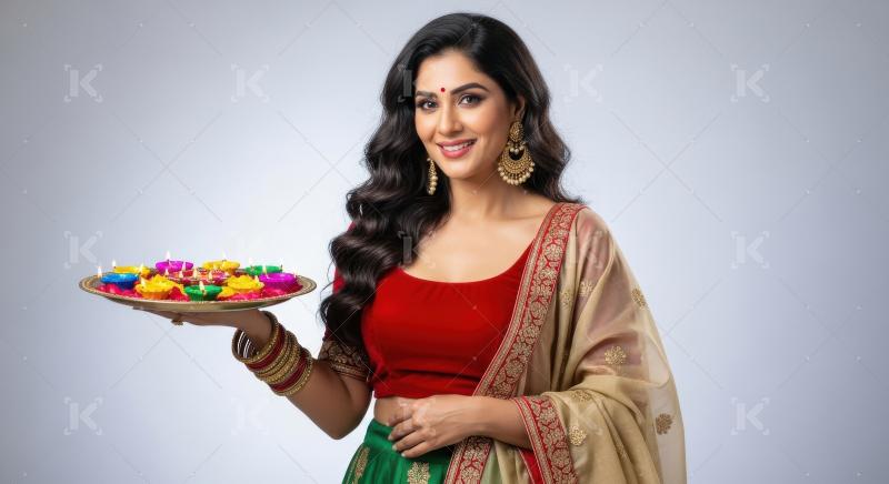 Young indian woman holding oil lamps plate on diwali festival st