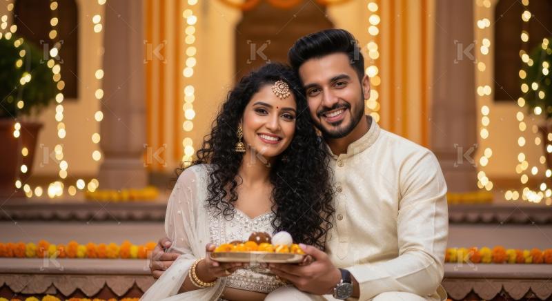 Young indian couple holding sweet plate sitting together on diwa