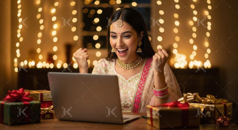 Young indian woman using laptop on diwali festival at home