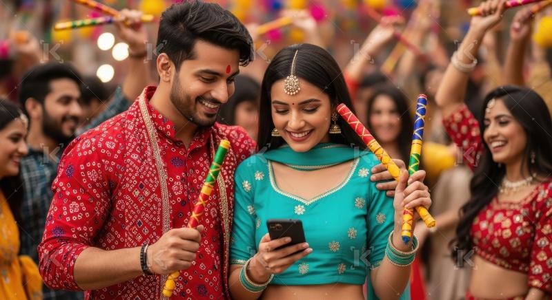 Happy young indian couple playing dandiya together in navratri