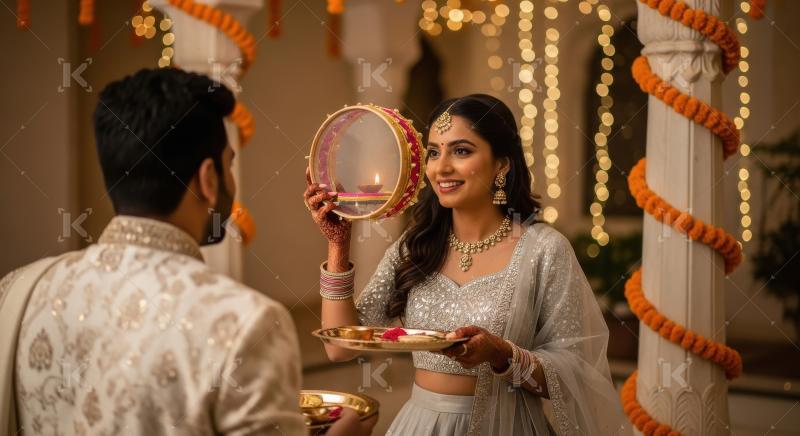 Young indian couple celebrating karwa chauth festival together a