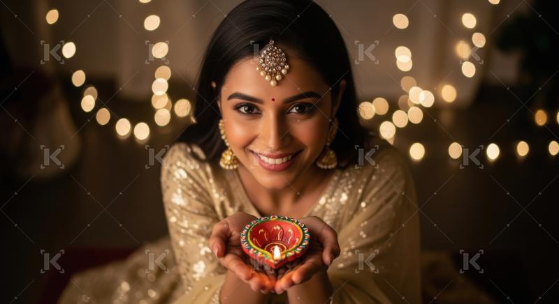 Close up of young indian woman holding oil lamps on diwali festi