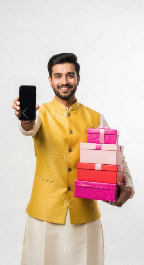 Young indian man holding gift boxes and smartphone standing on w