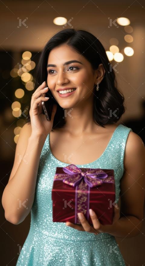 Young indian woman holding gift box talking on smartphone on diw