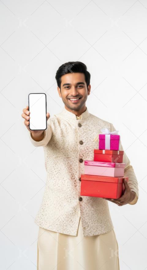 Young indian man holding gift boxes and smartphone standing on w