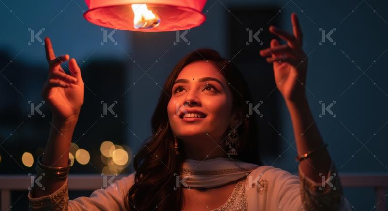 Close up of young indian woman holding lantern on diwali festiva