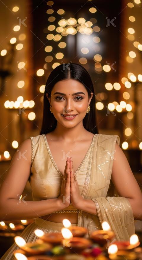 Young indian woman performing namaste gesture surrounded by glow