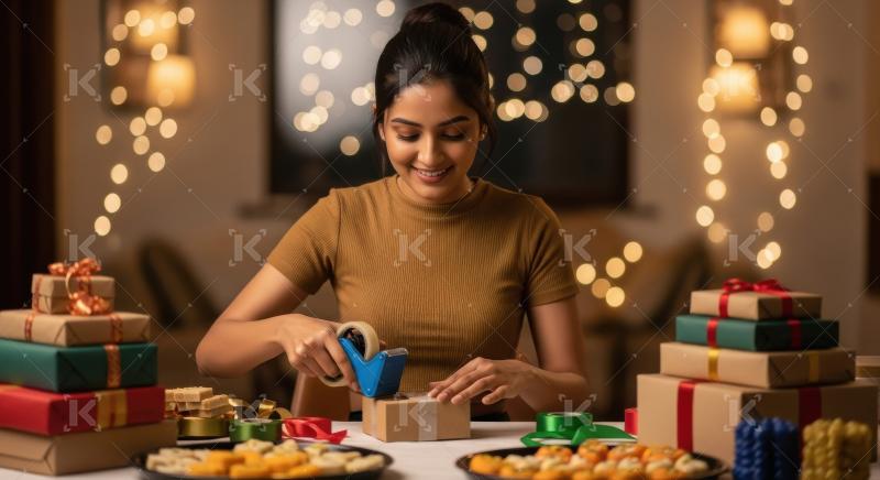 Young indian woman wrapped gifts boxes using tape and ribbons on