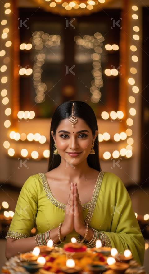 Young indian woman performing namaste gesture surrounded by glow