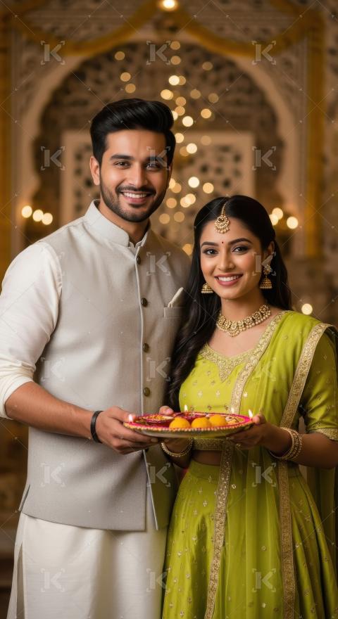 Young indian couple holding oil lamps plate on diwali festival