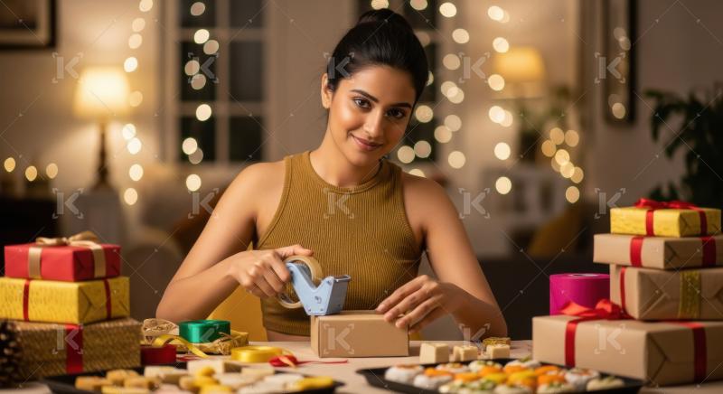 Young indian woman wrapped gifts boxes using tape and ribbons on
