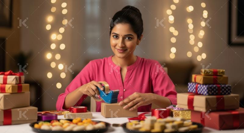 Young indian woman wrapped gifts boxes using tape and ribbons on
