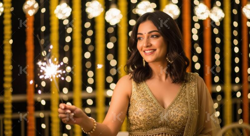 Young indian woman holding sparkler on diwali festival