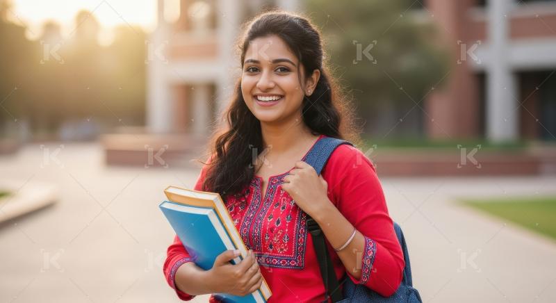 Young indian female student holding books standing in college ca