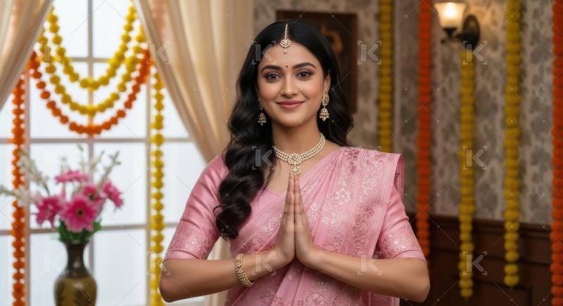 Young indian woman standing in namaste gesture celebrating diwal