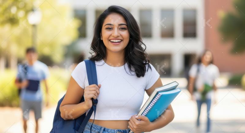 Young indian female student holding books standing in college ca