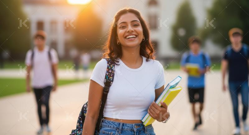 Young indian female student holding books standing in college ca
