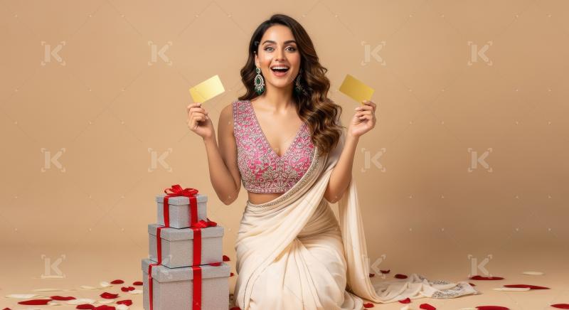 Young indian woman holding credit cards sitting with gift boxes