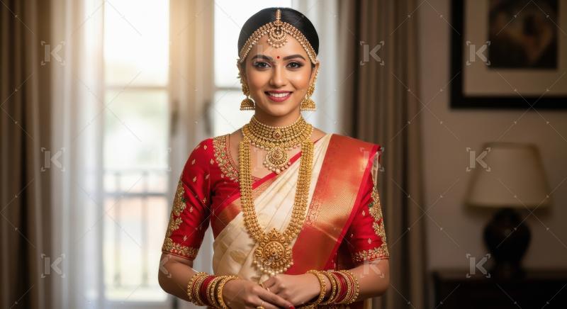 Young indian woman wearing traditional sari and jewelery