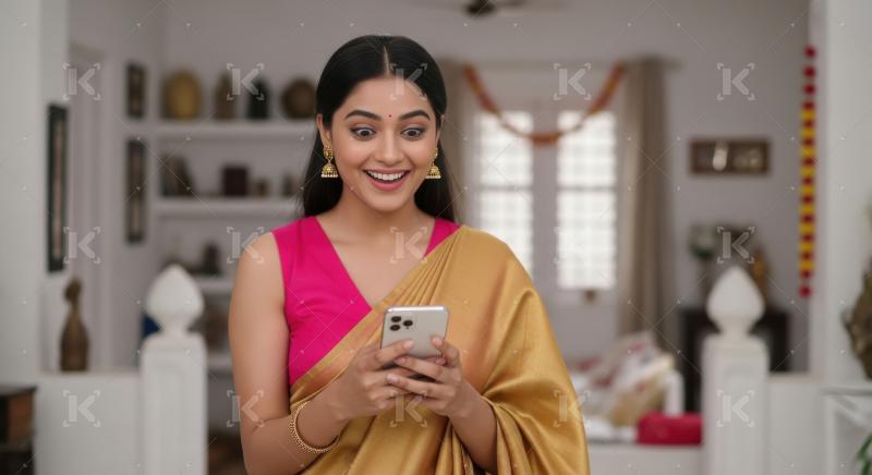 Young indian woman using smartphone standing at home