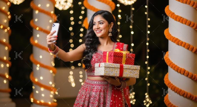 Young indian woman holding gift boxes and smartphone on diwali f