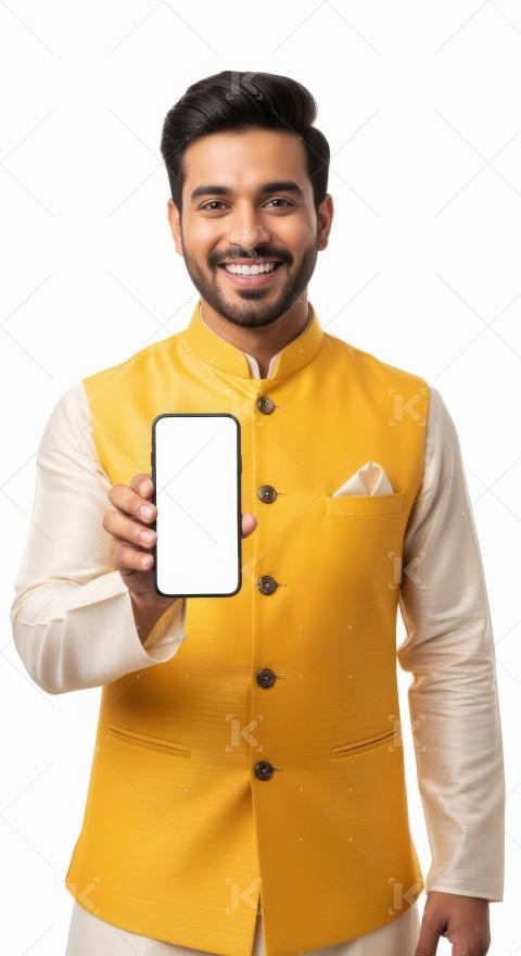 Young indian man showing white blank smartphone screen standing