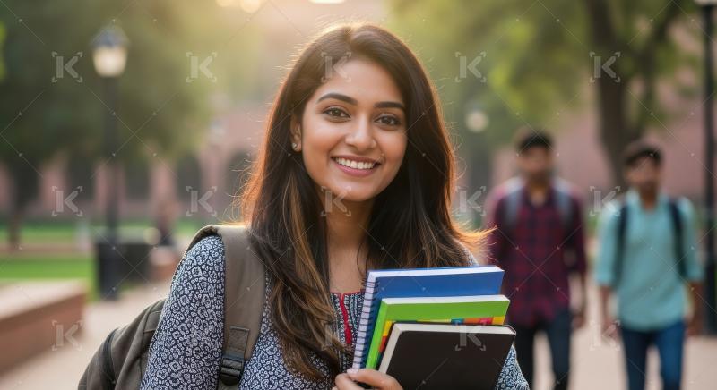 Young indian female student holding books standing in college ca