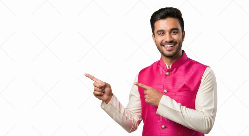 Young indian man wearing traditional cloths pointing with finger