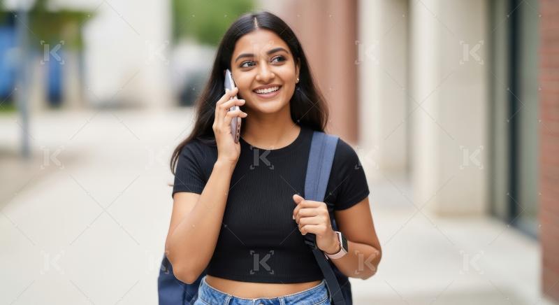 Young indian college girl talking on smartphone standing at coll