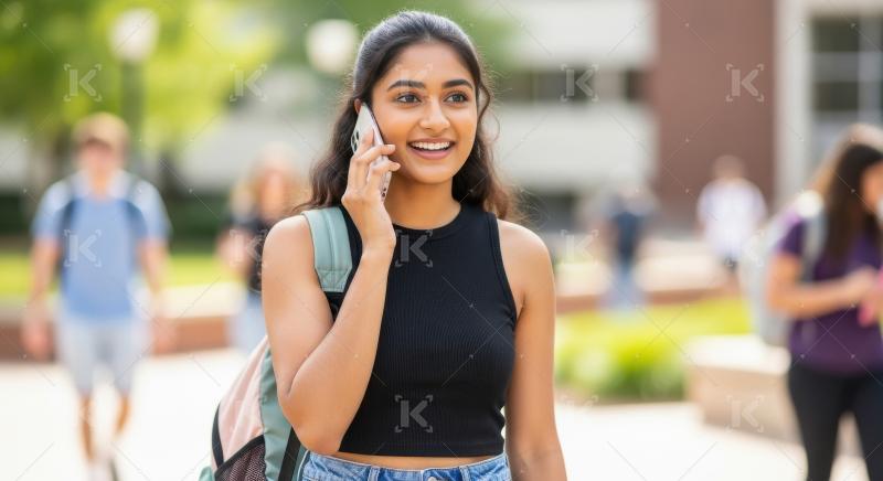 Young indian college girl talking on smartphone standing at coll