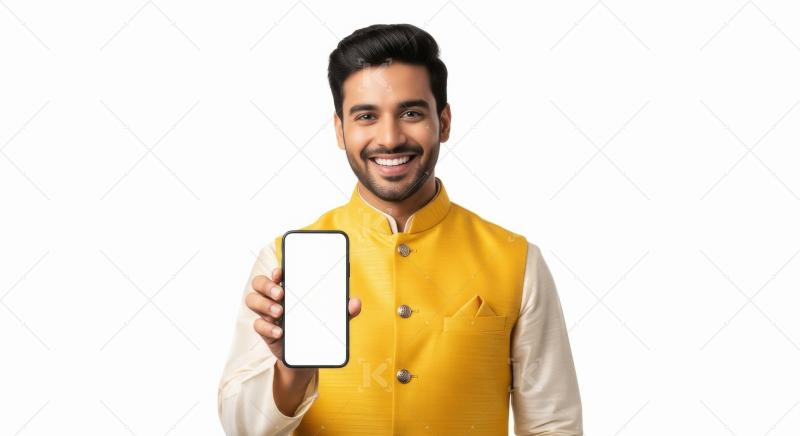 Young indian man showing white blank smartphone screen standing