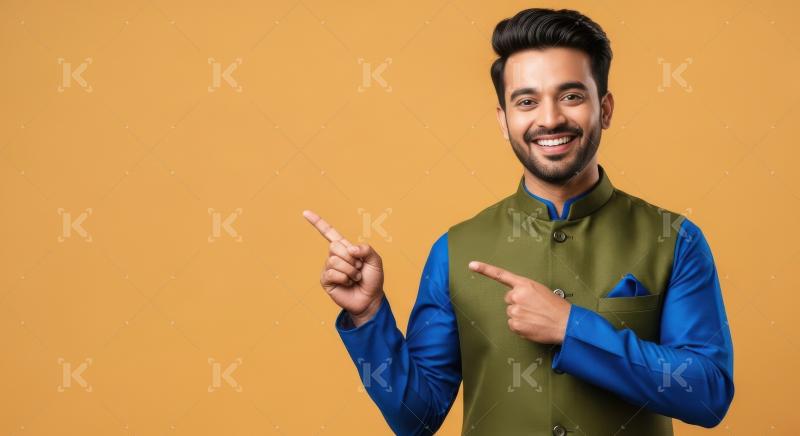Young indian man wearing traditional cloths pointing with finger