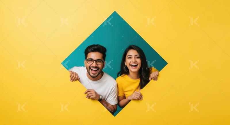 Young indian couple looking into the square on yellow background