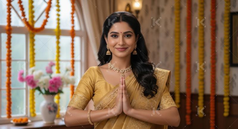 Young indian woman standing in namaste gesture celebrating diwal