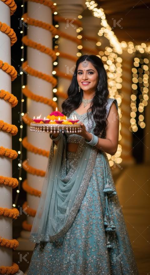 Young indian woman holding pooja thali on diwali festival at hom