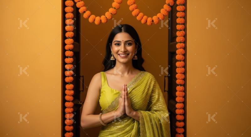 Young indian woman standing in namaste gesture celebrating diwal