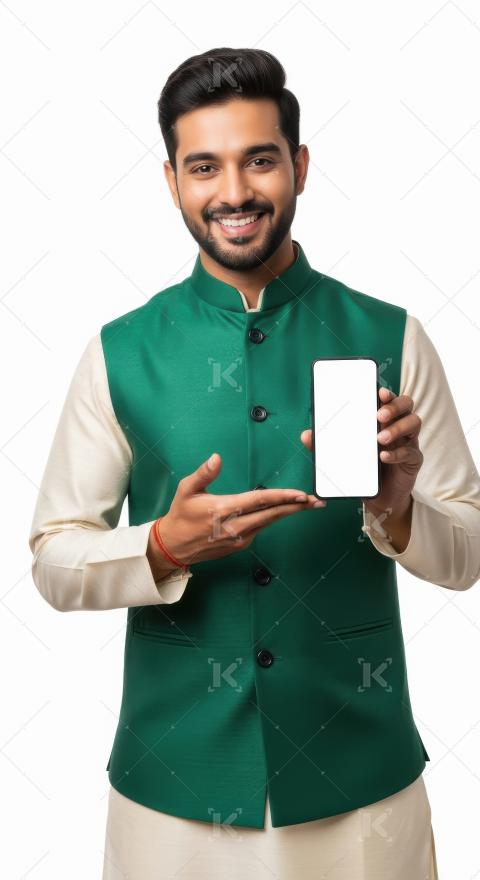 Young indian man showing white blank smartphone screen standing